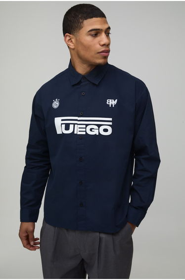 Boxy Fit Circa 98 Fuego Print Shirt - navy