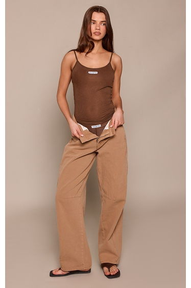 Chocolate Sheer Cotton Label Detail Strappy Vest Top