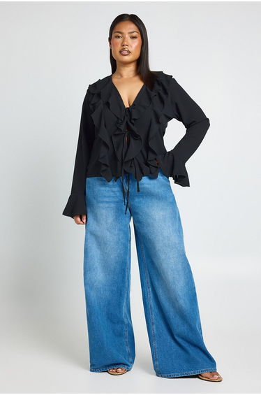Plus Tie Front Ruffle Blouse - black
