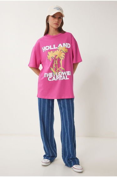Women's Dark Pink Oversize Printed Knitted T-Shirt