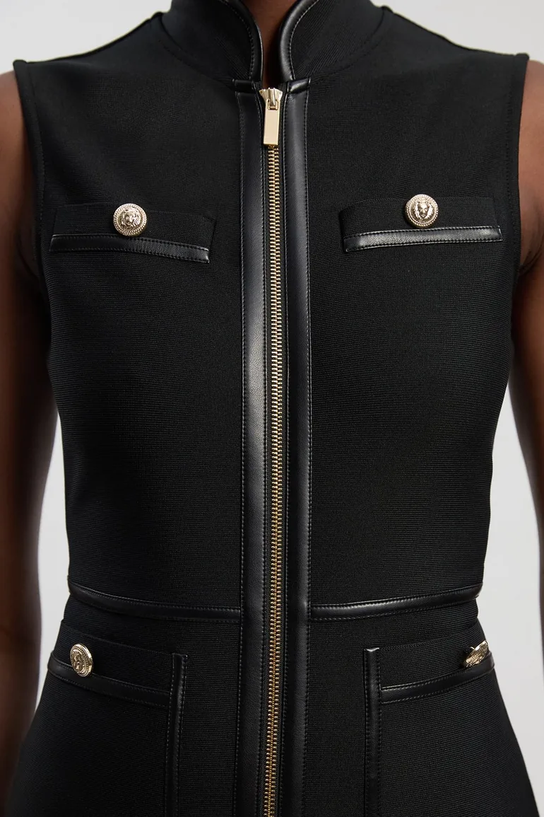 Sleeveless Pu Tipped Military Bandage Midi Dress - 2