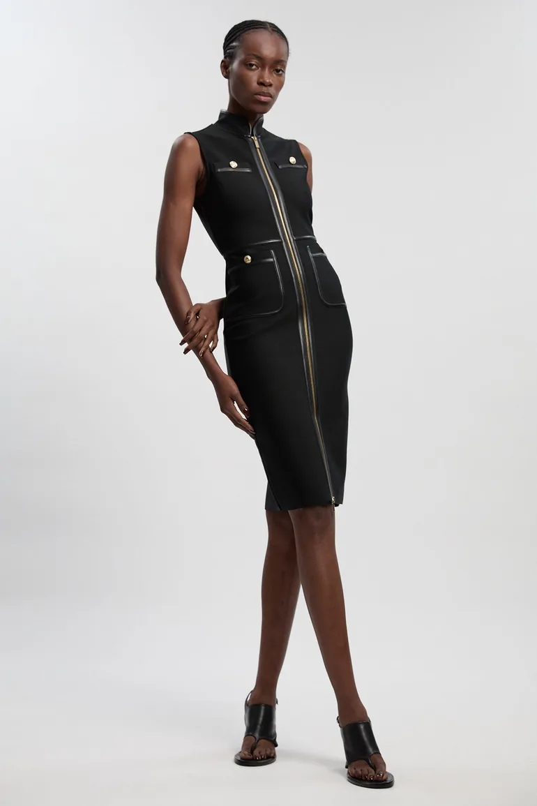 Sleeveless Pu Tipped Military Bandage Midi Dress