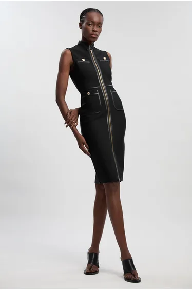 Sleeveless Pu Tipped Military Bandage Midi Dress