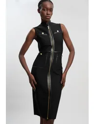 Sleeveless Pu Tipped Military Bandage Midi Dress - 1