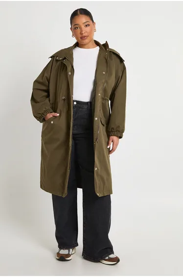 Plus Cinched Waist Parka Coat - khaki