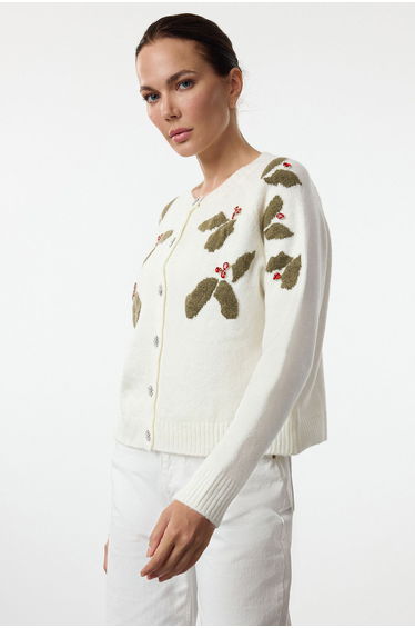 Ecru Soft Texture Button Detailed Stone Embroidered Knitted Cardigan