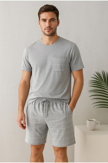 Grimelanj Regular Fit Plaid Knitted Shorts Pajama Set