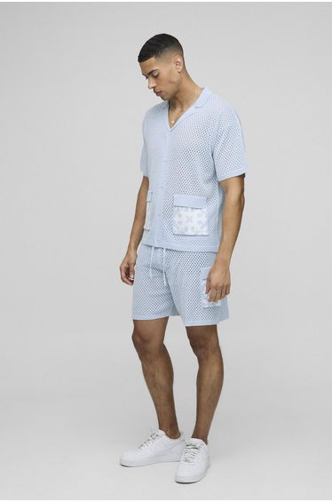 Relaxed Fit Revere Collar Crochet Square Knitted Short Polo Set