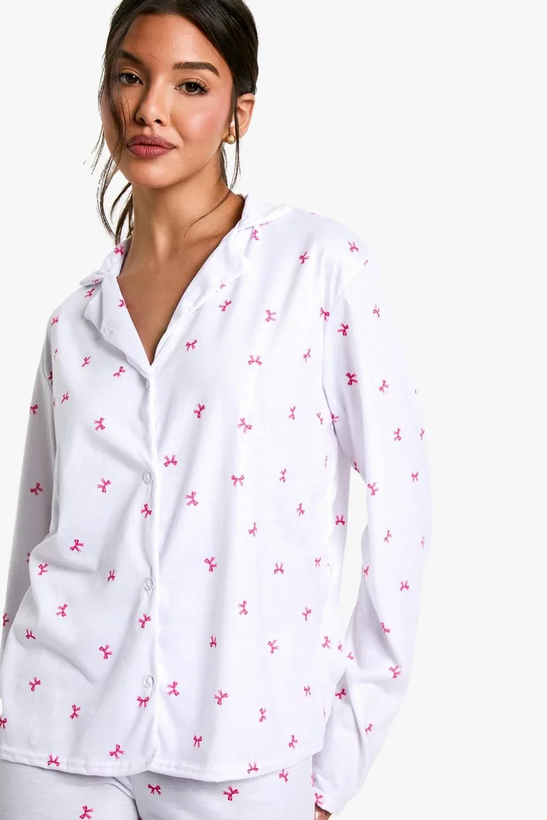 Bow Print Long Sleeve Shirt And Trouser Pyjama Set - 3