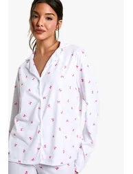 Bow Print Long Sleeve Shirt And Trouser Pyjama Set - 3
