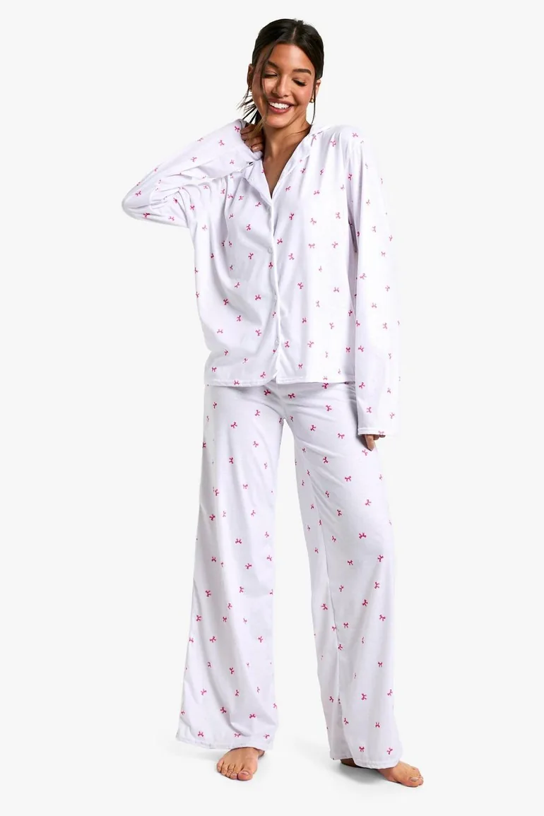Bow Print Long Sleeve Shirt And Trouser Pyjama Set
