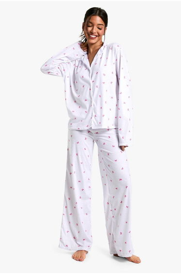 Bow Print Long Sleeve Shirt And Trouser Pyjama Set