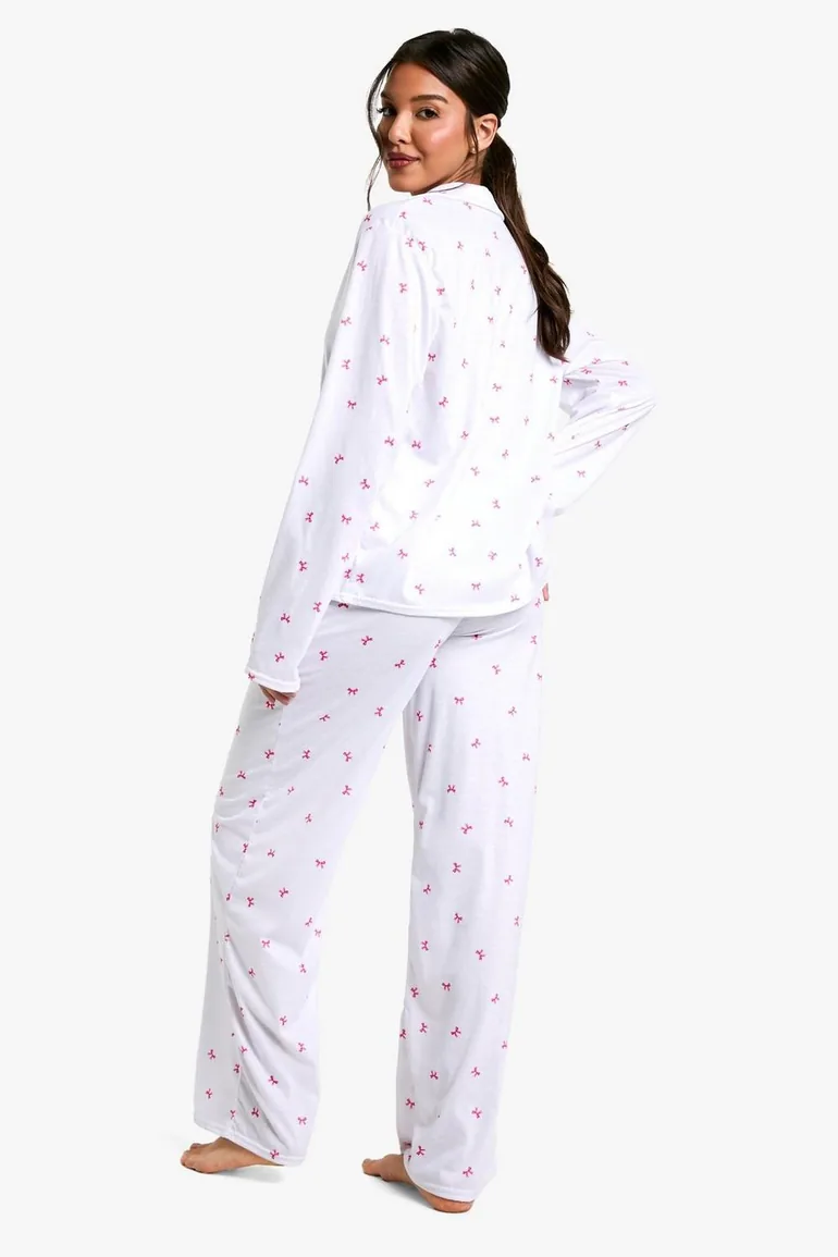 Bow Print Long Sleeve Shirt And Trouser Pyjama Set - 1