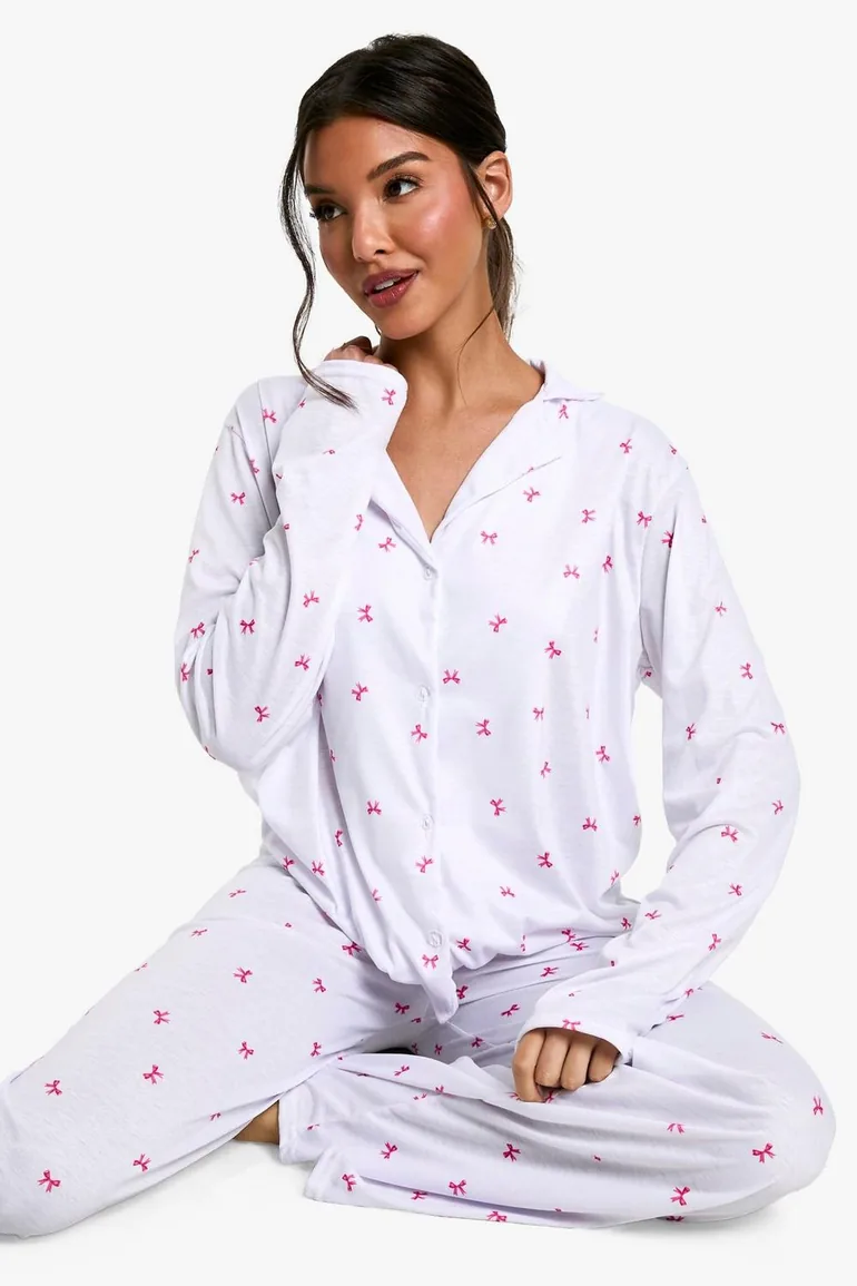 Bow Print Long Sleeve Shirt And Trouser Pyjama Set - 2