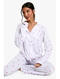 Bow Print Long Sleeve Shirt And Trouser Pyjama Set - 2
