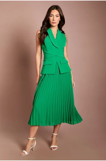 Crepe Wrap Waist Pleated Midi Dress