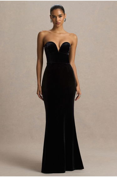 Yolanda | Black Velvet Sweetheart-Neck Maxi Dress