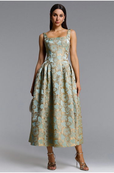 Kerta Elegant Tailored Square Neck Jacquard Pleated Floral Maxi Dress