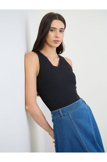 Black Ribbed Lace Trim Tank