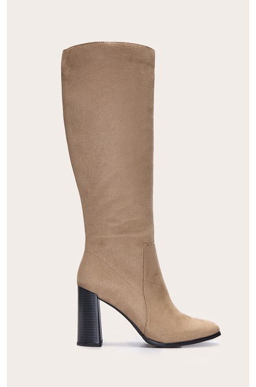 Stone Faux Suede Round Toe High Block Heel Knee High Boots