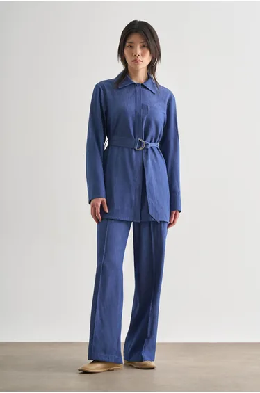 Mizalle Denim Textured Wide Leg Trousers with Elastic Waist