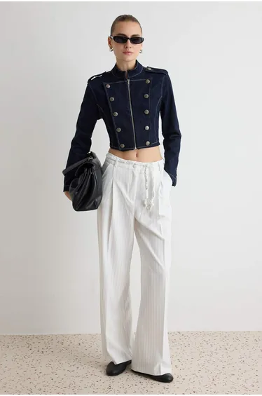 White Knitted Belted Wide Leg Striped Fabric Trousers