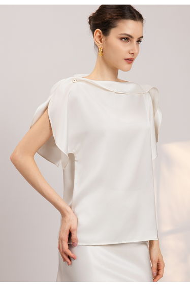 Pearl Boat Neck Flounce Cape Satin Top in Ivory for Cocktail Parties & Formal Dinners