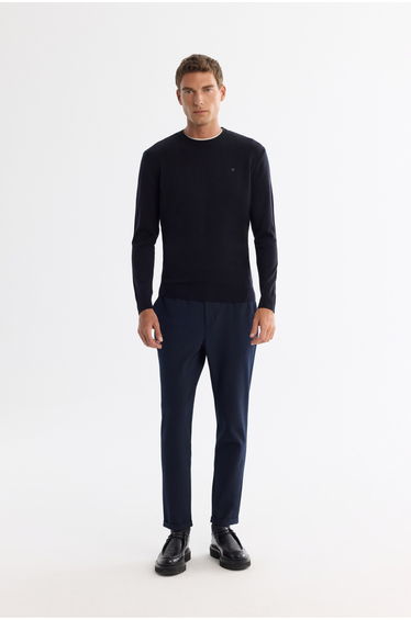 Men's Navy Blue Knitwear Sweater Crew Neck Non-Pilling Standard Fit Regular Cut
