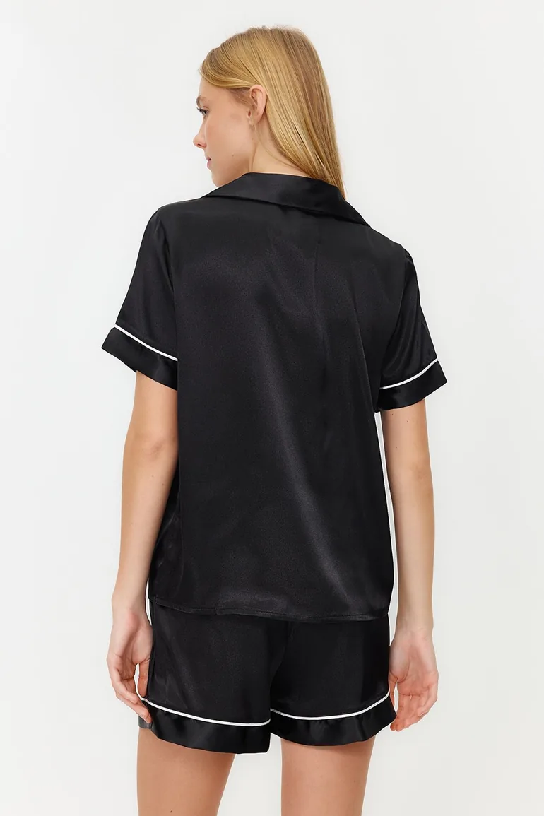 Black Piping Detailed Satin Woven Pajamas Set - 5