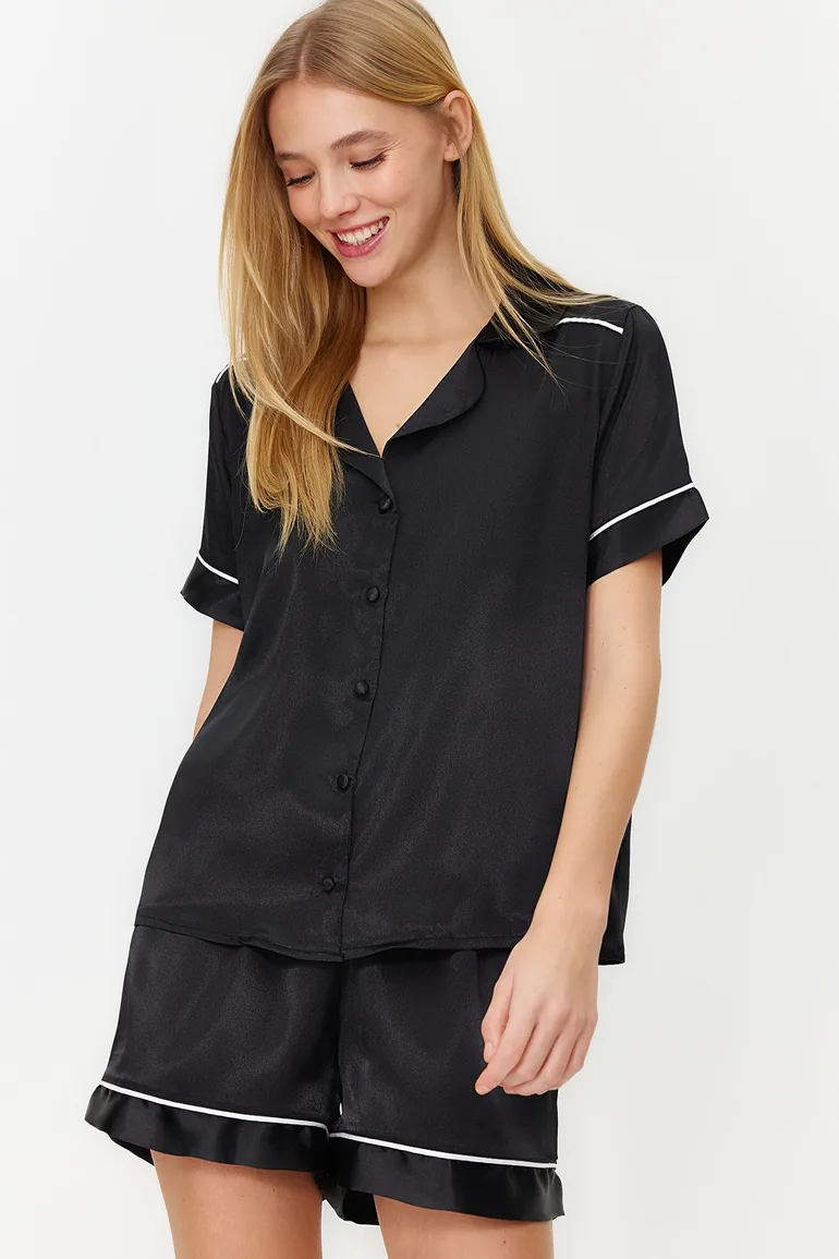 Black Piping Detailed Satin Woven Pajamas Set - 2