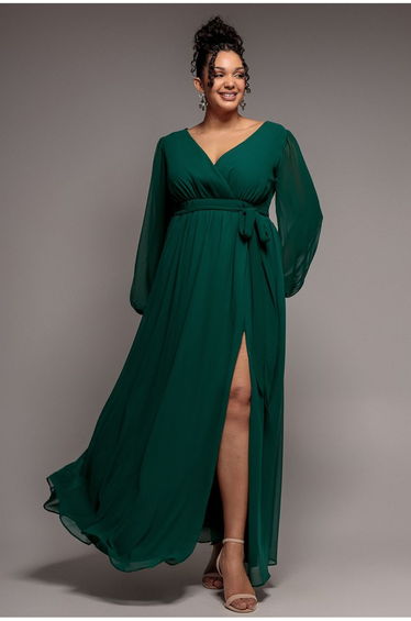 Wrap Back With Front Slit Chiffon Maxi Dress - Emerald Green by Goddiva Plus
