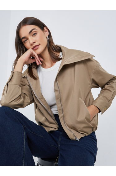 Women Beige Regular Fit Bomber Jacket
