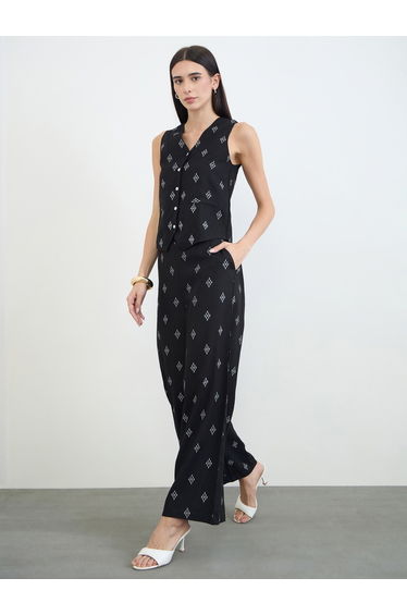 Black Printed Wide Leg Pants with Side Pocket