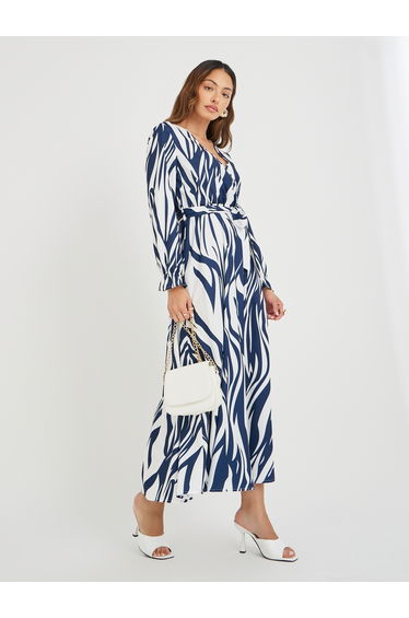 Women Abstract Printed V Neck Belted A-Line Maxi Dress