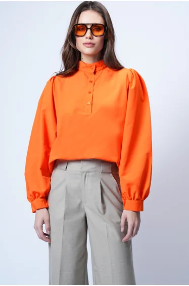 Women's Orange Judge Collar Half Placket Balloon Sleeve Poplin Shirt Blouse