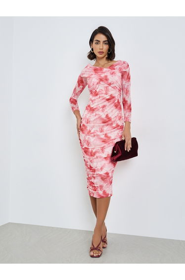 Pink Floral Gathered Bodycon Midi Dress