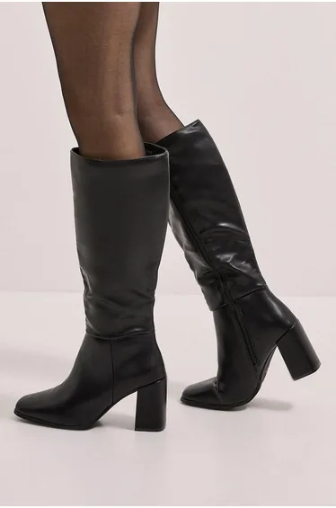 Wide Fit Kristen Faux Leather Square Toe High Heel Knee Boots