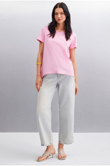 Samantha Women's 100% Organic Cotton Comfort Fit Long Back Basic Knitted Pink T-shirt