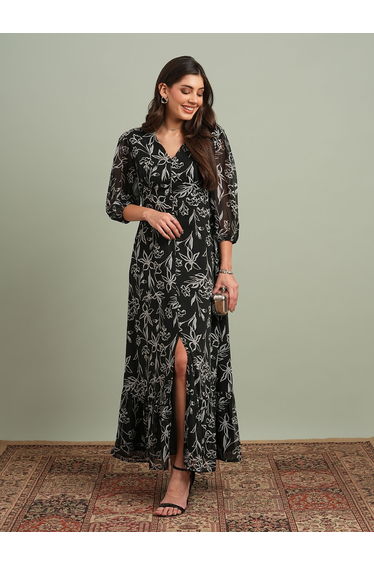 Black Floral Print Front Slit Maxi Dress