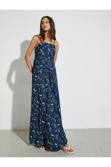 Navy Blue Strappy Printed A-Line Maxi Dress
