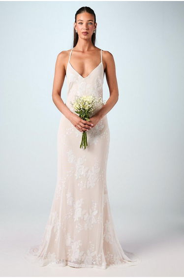 V Neck Embellished Mesh Cami Maxi Wedding Dress