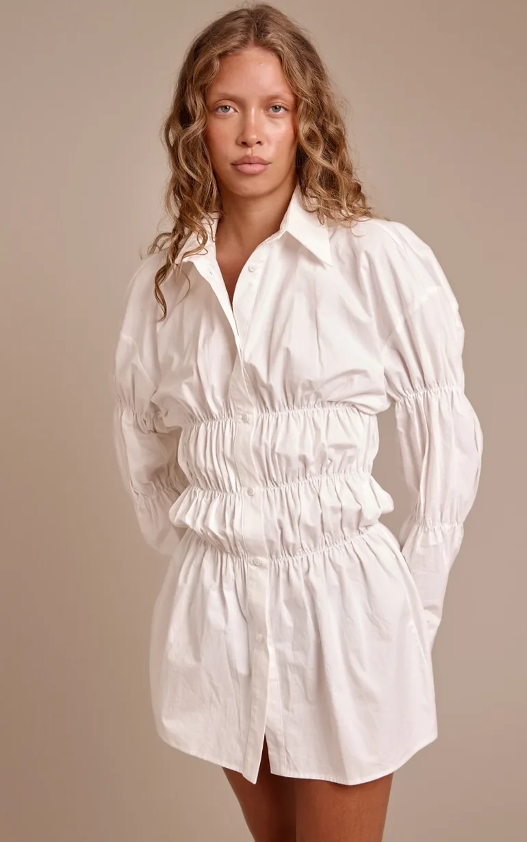 white ruched button dress Women's White Strappy Ruched Button Down Shift Dress
