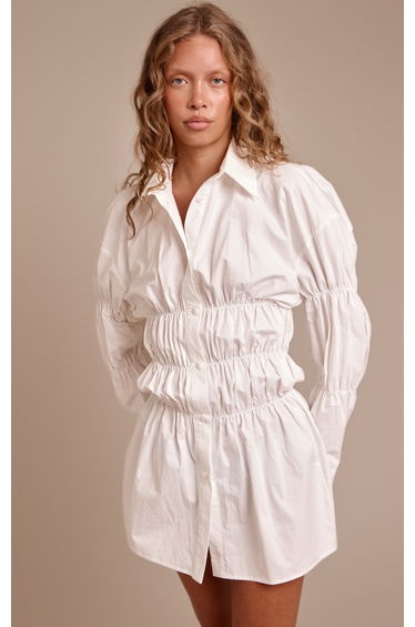 White Ruched Long Sleeve Shirt Dress