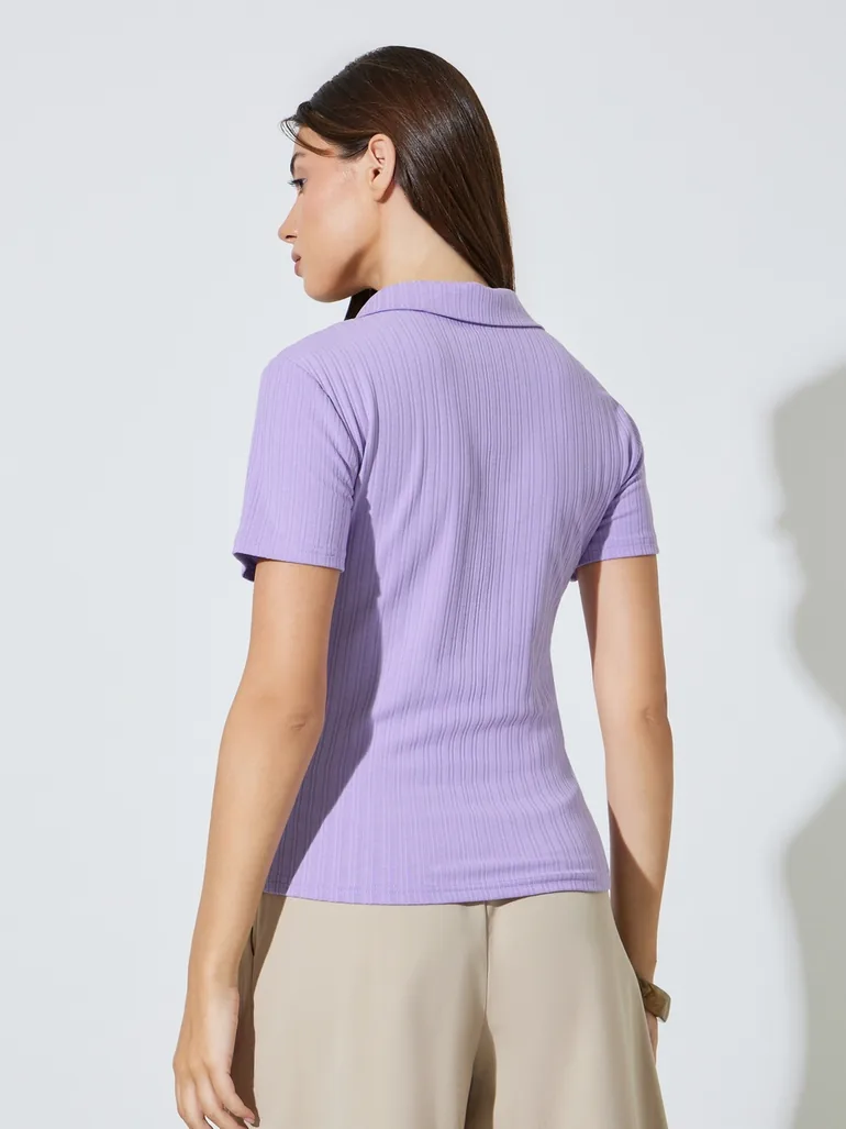 Purple Solid Regular Fit Polo T-Shirt - 4