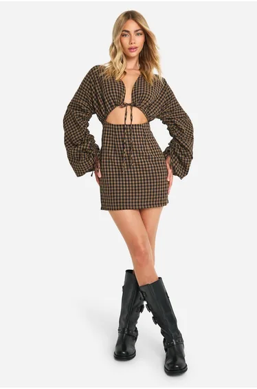 Gingham Volume Sleeve Mini Dress - brown