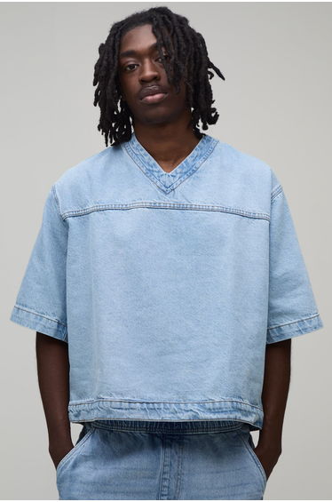 Boxy Oversized Denim Hockey Top - light blue