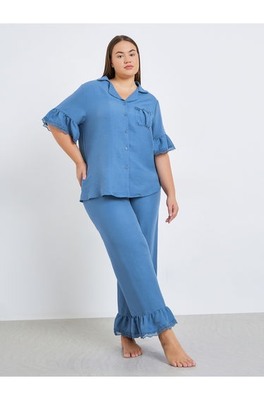 Plus Size Ruffle Lace Trim Shirt and Pyjama Set