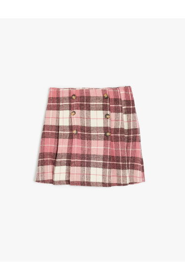 Pleated Button Detail Plaid Mini Skirt