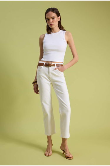 White Belted High Waist Straight Cut Less Stretch Straight Jeans