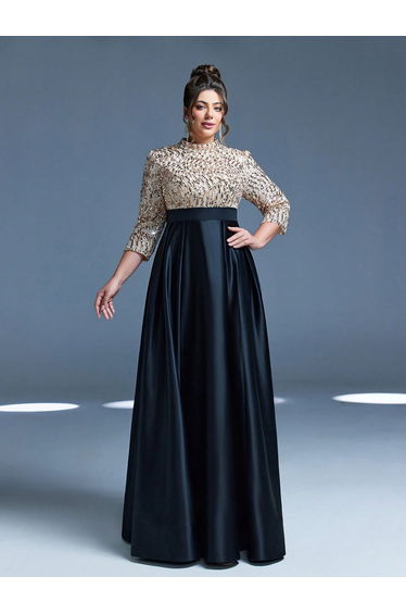 Leely Plus Women's Elegant High Neck Three Quarter Length Sleeve Party Dresses